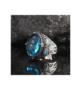 El Yapımı Modern Mavi Topaz Erkek Gümüş Yüzük