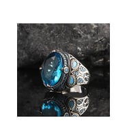 El Yapımı Modern Mavi Topaz Erkek Gümüş Yüzük