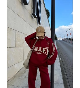 Kadın 3 İplik Pamuklu Yakalı Sweat Baggy Pantolonlu Takım - Bordo