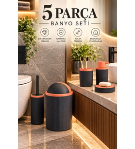 5 Parça Banyo Seti Antrasit Siyah Kiremit Rengi – Çöp Kovası, Tuvalet Fırçası, Sıvı Sabunluk, Diş Fı