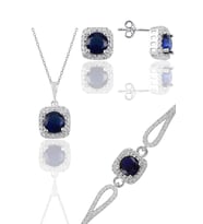 Söğütlü Silver Gümüş rodyumlu safir taşlı kare kolye küpe ve bileklikten oluşan üçlü set