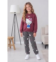 Karakter Desen Baskılı Bordo Sweatshirt ve Gri Desenli Eşofman Alt Üst 2 İplik Kız Çocuk Takım