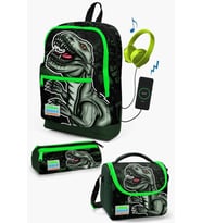 Coral High Kids Koyu Yeşil Siyah Dinazor Desenli USB'li 3’lü Okul Çanta Seti - Erkek Çocuk