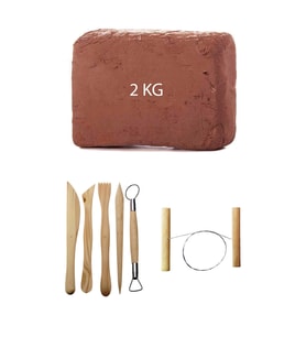 Kahve Çamur Kırmızı Kil Seramik Hamuru 2 kg Ebeşuar Seti Seramik Çamur Kesme Teli