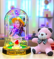 Kişiye Özel Renkli Led Işıklı Biblolu Fanus ve Pembe Peluş Ayıcıklı Anahtarlık (Model 4)