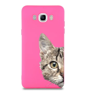 Samsung Galaxy J7 2016 Uyumlu Lansman Kılıf Catface Tasarımlı İçi Kadife Kapak-Neon Pembe (Şeffaf)