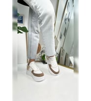 Günlük Kadın Sneaker Bağcıklı Hafif Kalın Yüksek Tabanlı Yürüyüş Nefes Alan Spor Ayakkabı 451 (VIZON-BEJ)