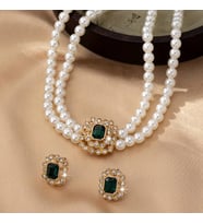 Gold Kaplama Vintage İnci Kolye Küpe Seti - Zümrüt Yeşili Taşlı Antialerjik 316L Çelik Takı (Beyaz)