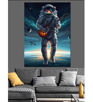 Uzayda Gitar Çalan Astronot Figürü Dekoratif Kanvas - Mdf Ahşap Tablo