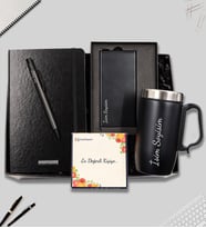 Kişiye Özel Siyah Defter & Gri Renk Tükenmez Kalem & Siyah Renk 10000Mah Powerbank &  Kişiye Özel Kulplu 280ml Çelik Termos Hediye Seti