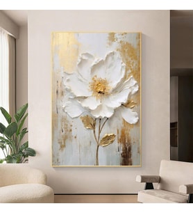 Tablolife Soyut Gold Beyaz Çiçek 3D Yoğun Yağlı Boya Dokulu Tablo Gold Çerçeve