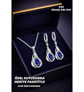 925 Ayar Damgalı Gümüş Kaplama  Lacivert Taşlı Damla Model Kolye Küpe Takı Seti