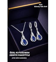 925 Ayar Damgalı Gümüş Kaplama  Lacivert Taşlı Damla Model Kolye Küpe Takı Seti
