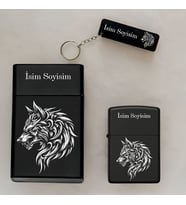 Canavar Kurt Desenli Kişiye Özel İsimli Çakmak,Metal Tabaka ve Anahtarlık Seti - 3'lü Hediye Set (Siyah)