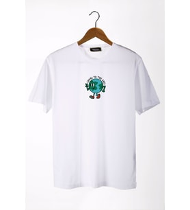 Unisex Beyaz Bisiklet Yaka Önü Dünya Baskılı Oversize T-Shirt 22Y-3400762-65