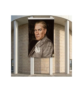 Mavi Gözlü Ulu Önder Mustafa Kemal Atatürk Poster Bayrak Premium Raşel Kumaş ATA56 2x3m