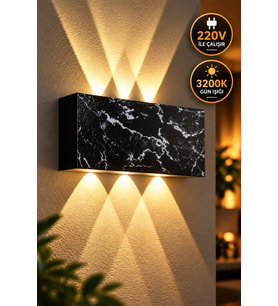 12W Siyah Mermer Desenli LED Duvar Apliği 3200K Gün Işığı 3 Gözlü Modern Aplik