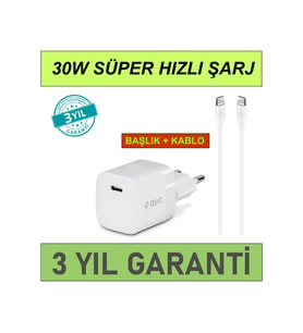 SmartCharger 30W PD Başlık + USB-C Kablo iphone 15 16 17 pro max şarj aleti hızlı  ve güvenli