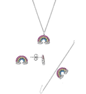 Söğütlü Silver Gümüş rodyumlu renkli taşlı gök kuşağı üçlü set