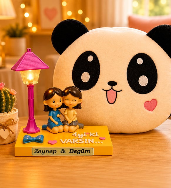 Kişiye Özel İsimli İyi Ki Varsın Best Friends Masa Lambası & Panda Polar Yastık