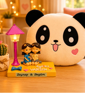 Kişiye Özel İsimli İyi Ki Varsın Best Friends Masa Lambası & Panda Polar Yastık