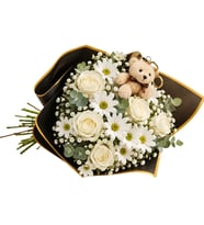 Peluş Ayıcık Hediyeli Beyaz Gül & Papatya Aranjmanı