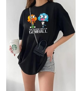 Bisiklet Yaka Baskılı Oversize T-Shirt - Siyah