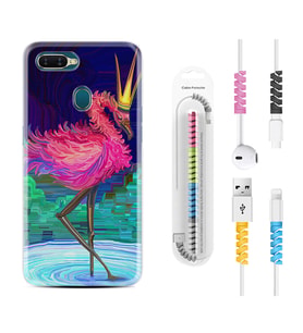 Oppo A5S A15 A16 A54 A55 A73 A74 Kılıf Kablo Koruma Spiral Silikon Queen Flamingo 1748