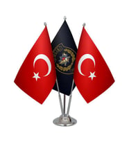 Masa Üstü Polis Özel Harekat Bayrağı Türk Bayrağı Üçlü Krom Direk Masa Bayrak Seti