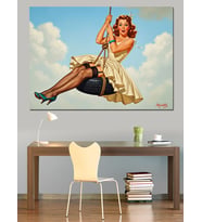 Retro Pin-Up Kızı Salıncakta Dekoratif Kanvas - Mdf Ahşap Tablo