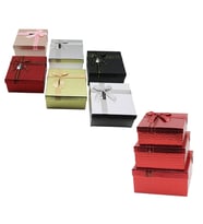 3PCS KARE PARLAK MİX RENKLİ - KABARTMA DESEN KARTON HEDİYE KUTUSU KURDELALI 19-17-15CM (5680)