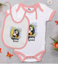 BK Kids Uykucu Güzel Tasarımlı Pembe Bebek Body Zıbın ve Mama Önlüğü Hediye Seti-1