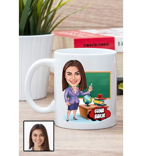 Kadın Öğretmene Hediye Karikatürlü Beyaz Kupa Bardak