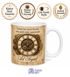 Antika Saat Temalı Baskılı Kupa Bardak Hediye Nostaljik Tasarım Porselen Mug