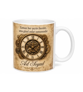 Antika Saat Temalı Baskılı Kupa Bardak Hediye Nostaljik Tasarım Porselen Mug