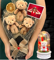 Size Özel Fotoğraflı Kahve Ayıcık Buketi ve Led Işıklı Fanus - Premium Hediye Seti (Model 6)