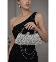 Taşlı Kadın Abiye El Çantası -930184 (Gümüş-Beyaz)