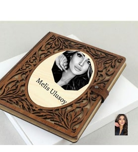 Kişiye Özel Karakalem  Fotoğraflı Ahşap Desenli Akordiyon Defter