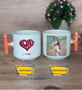 Love Sevgili Kupa Bardak Fotoğraflı T Turuncu Kulplu Sevgiliye Sevgililer Günü Hediyesi