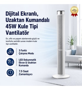 Dokunmatik Ekranlı Kumandalı Kule Tipi Vantilatör