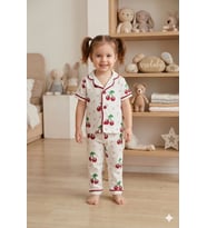 Pamuklu Kruvaze Yaka Önden Düğmeli Kiraz Desenli Mevsimlik Alt Üst Pijama Takım