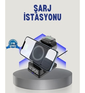 Kablosuz Şarj Cihazı ve Dijital Saat 4’ü 1 Arada Hızlı Şarj, LED Işıklı Tasarım