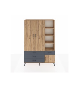Arges Dolap 5 Raflı 4 Çekmeceli Tek Askılı 132x30x195 Çam-Çam/Antrasit