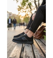 Enoch Erkek Siyah Keten Spor ve Günlük Ayakkabı Tam Ortopedik Tabanlı Siyah Kanvas Dokulu ve Logolu Model