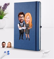 BK Gift Kişiye Özel Sevgililer Karikatürlü Karikatürlü Lacivert Termo Deri Defter 16x24cm Model 100