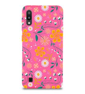 Samsung Galaxy M10 Uyumlu Lansman Kılıf Çiçek Tasarımlı İçi Kadife Kapak-Neon Pembe (Şeffaf)