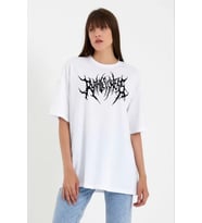 Unisex Bisiklet Yaka Baskılı Oversize T-Shirt - Beyaz