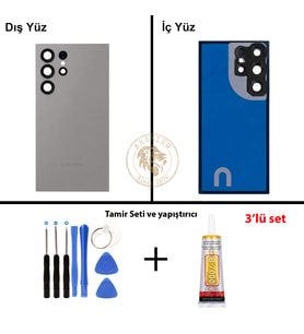 Samsung S24 Ultra Gri Arka Pil Kapağı Batarya Kapağı Lazer Kesim + Yapıştırıcı ve Vida Seti