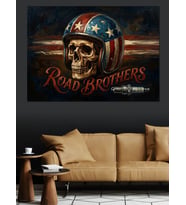 Road Brothers Amerikan Bayraklı Kurukafa Dekoratif Kanvas - Mdf Ahşap Tablo