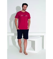 Erkek Yazlık Strong Baskılı Kısa Kollu Şortlu Penye Pijama Takımı (Bordo)